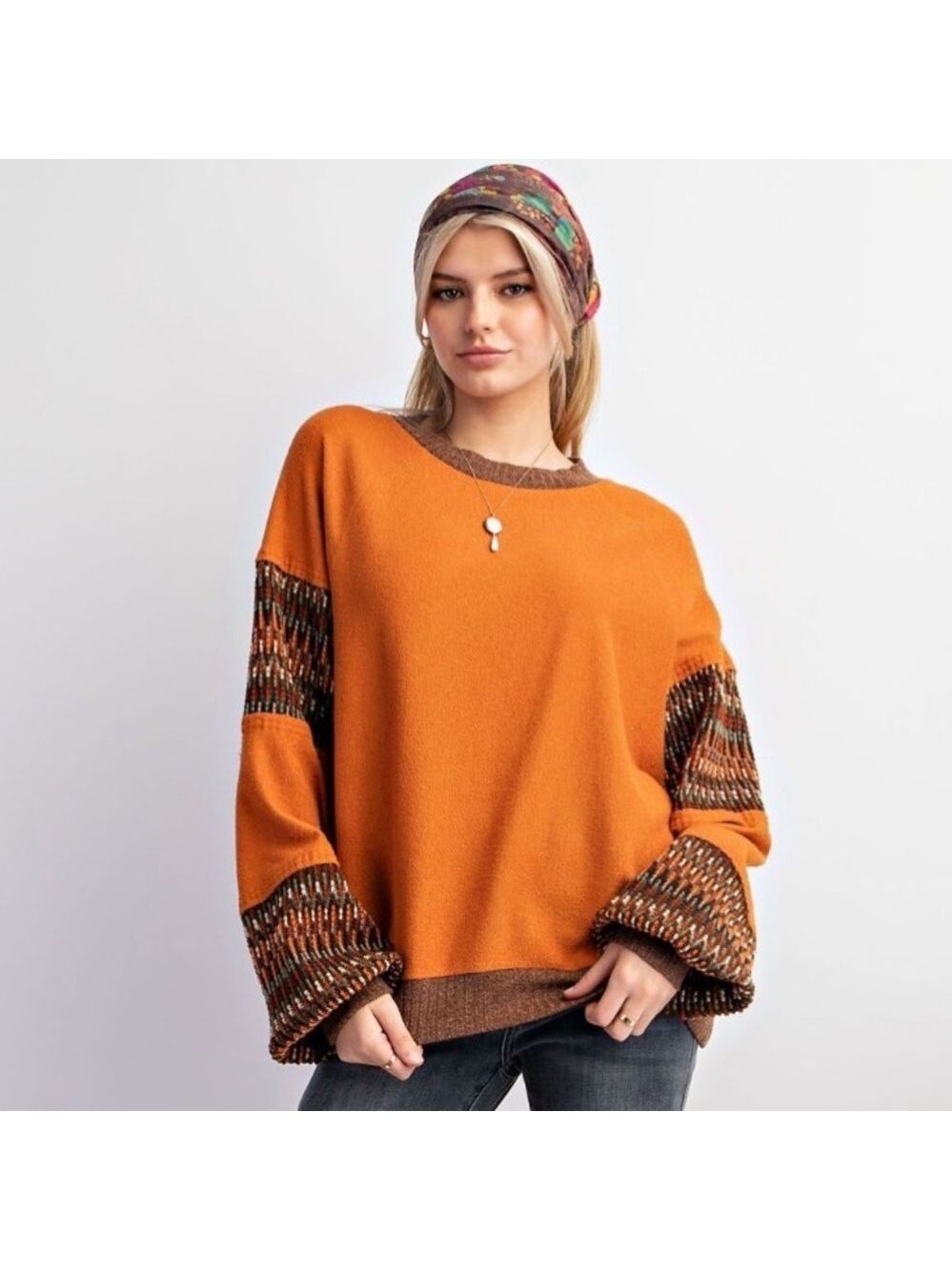 Easel Orange Knit Sweater with Patterned Sleeves - Picture 1 of 5